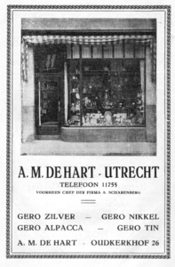 712773 Advertentie van A.M. de Hart, voorheen chef der firma A. Scharenberg, [o.a. Gero-artikelen], Oudkerkhof 26 te ...